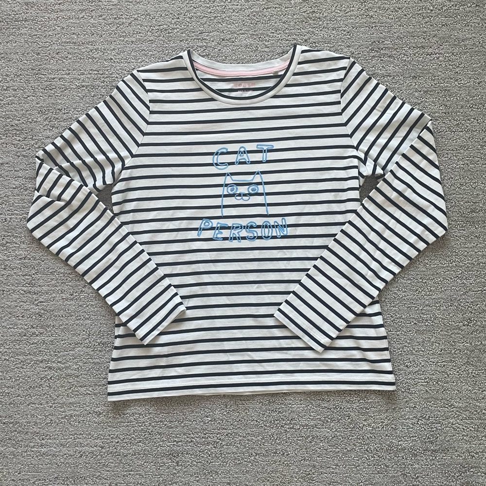 Boden Shirt Top Long Sleeve Stripe Cat Embroidered Minimalist Casual Winter Fall